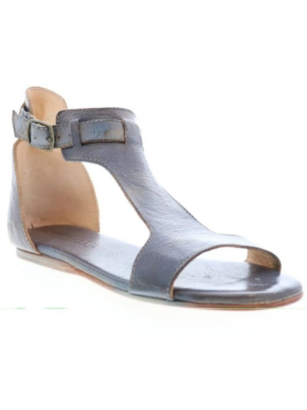 Bed|Stü Sable Gray Full-grain Distressed Leather Hook & Loop Strap Sandals Shoes
